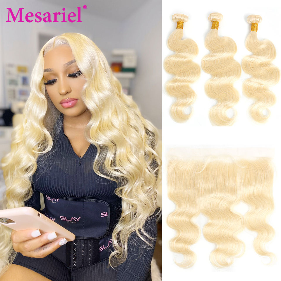 613 Blonde Bundles With Frontal 말레이시아 바디 웨이브 번들, Frontal Blonde Lace Frontal Closure With Bundles 38 40inch Remy